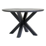 Halvar Round Dining Table. Black wood dining table. Modern dining table. Round dining table. Contemporary dining furniture. Black veneer top. Powder-coated legs. Scandinavian style table. Elegant dining design.