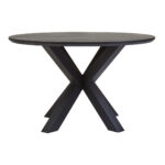 Halvar Round Dining Table. Black wood dining table. Modern dining table. Round dining table. Contemporary dining furniture. Black veneer top. Powder-coated legs. Scandinavian style table. Elegant dining design.
