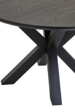 Halvar Round Dining Table. Black wood dining table. Modern dining table. Round dining table. Contemporary dining furniture. Black veneer top. Powder-coated legs. Scandinavian style table. Elegant dining design.