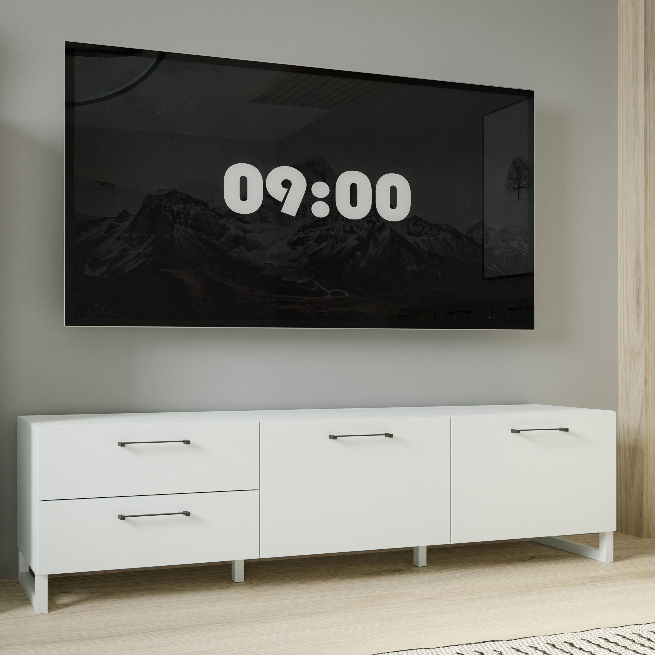 Hydra Media Unit Hydra Media Unit. Hydra TV unit. Light Grey media unit. Sage Green TV stand. Modern media unit. Wall mounted TV unit. Floating TV stand. ABS edging media unit. Metal TV console. Contemporary TV furniture.