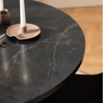 Cera dining table. Round marble effect dining table. Black dining table. Melamine dining table. Modern kitchen table. Small round dining table. Metal base dining table. Contemporary dining furniture. Easy clean dining table.