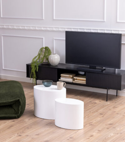 Lyon Media Unit. Black ash TV unit. Modern media unit. Mesh door TV stand. Sliding door media console. Black entertainment unit. Contemporary TV cabinet. Metal leg TV unit. Industrial TV stand. Living room furniture.