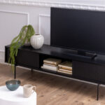 Lyon Media Unit. Black ash TV unit. Modern media unit. Mesh door TV stand. Sliding door media console. Black entertainment unit. Contemporary TV cabinet. Metal leg TV unit. Industrial TV stand. Living room furniture.