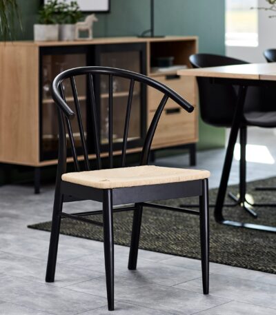 Eva dining chairs. Set of 2 dining chairs. Black oak dining chair. Scandinavian dining chair. Nordic dining furniture. Wooden dining chairs. Woven seat dining chair. Contemporary dining seating. Armrest dining chair.