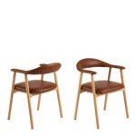 Ari dining chairs. Set of 2 dining chairs. PU leather dining chair. Oak dining chairs. Scandinavian dining furniture. Modern dining seating. Brandy leather chair. Armrest dining chair. Minimalist dining chair.