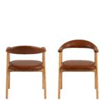 Ari dining chairs. Set of 2 dining chairs. PU leather dining chair. Oak dining chairs. Scandinavian dining furniture. Modern dining seating. Brandy leather chair. Armrest dining chair. Minimalist dining chair.