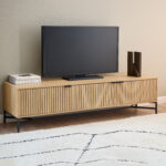 Purino Media Unit. Slatted TV unit. Oak effect media unit. Scandinavian TV stand. 180cm TV unit. Modern media console. Black leg TV unit. Light oak TV stand. Living room storage. Contemporary TV furniture.