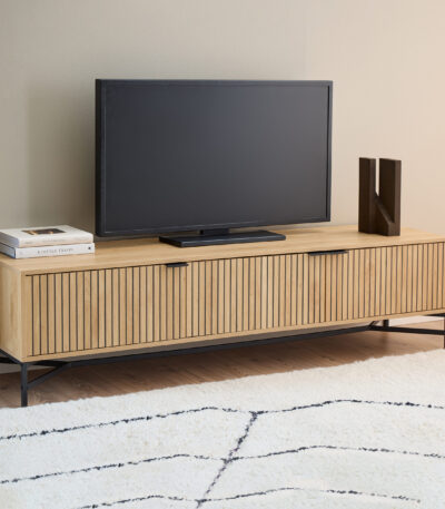 Purino Media Unit. Slatted TV unit. Oak effect media unit. Scandinavian TV stand. 180cm TV unit. Modern media console. Black leg TV unit. Light oak TV stand. Living room storage. Contemporary TV furniture.