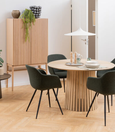 round dining table. white pigmented dining table. oak round dining table. Scandinavian dining table. Nordic dining furniture. small dining table. 4 seater dining table. compact dining table. lamella base table. conical base dining table. modern wood dining table. minimalist dining furniture. Lars dining table.