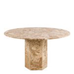 Round marble dining table. Travertine dining table. Brown marble table. Luxury dining furniture. Stone dining table. Modern dining table. Pillar base table. Contemporary dining room furniture. Statement dining table. Seating for five.