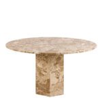 Round marble dining table. Travertine dining table. Brown marble table. Luxury dining furniture. Stone dining table. Modern dining table. Pillar base table. Contemporary dining room furniture. Statement dining table. Seating for five.
