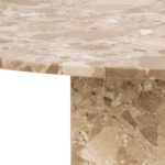 Round marble dining table. Travertine dining table. Brown marble table. Luxury dining furniture. Stone dining table. Modern dining table. Pillar base table. Contemporary dining room furniture. Statement dining table. Seating for five.