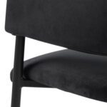 Arix Set of 2 Dining Chairs. Black velvet dining chairs. Modern dining chairs. Open back dining chair. Dining chairs with armrests. Matte black steel legs. Contemporary dining seating. Upholstered dining chairs. Compact dining chair. Luxury dining furniture.