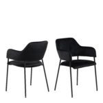 Arix Set of 2 Dining Chairs. Black velvet dining chairs. Modern dining chairs. Open back dining chair. Dining chairs with armrests. Matte black steel legs. Contemporary dining seating. Upholstered dining chairs. Compact dining chair. Luxury dining furniture.