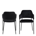Arix Set of 2 Dining Chairs. Black velvet dining chairs. Modern dining chairs. Open back dining chair. Dining chairs with armrests. Matte black steel legs. Contemporary dining seating. Upholstered dining chairs. Compact dining chair. Luxury dining furniture.