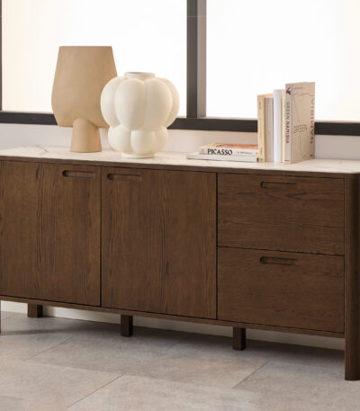 Solen Sideboard. Smoked oak sideboard. Ceramic top sideboard. Modern sideboard. Contemporary storage unit. Oak veneer furniture. Hallway sideboard. Dining room storage. Luxury sideboard. Modern home furniture. Scandinavian style sideboard. Premium sideboard. Stylish oak cabinet.