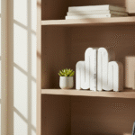 Alba White Marble Bookends. White marble décor. Modern bookshelf accessories. Luxury home office décor. Sculptural marble bookends. Contemporary book supports. Minimalist marble design.