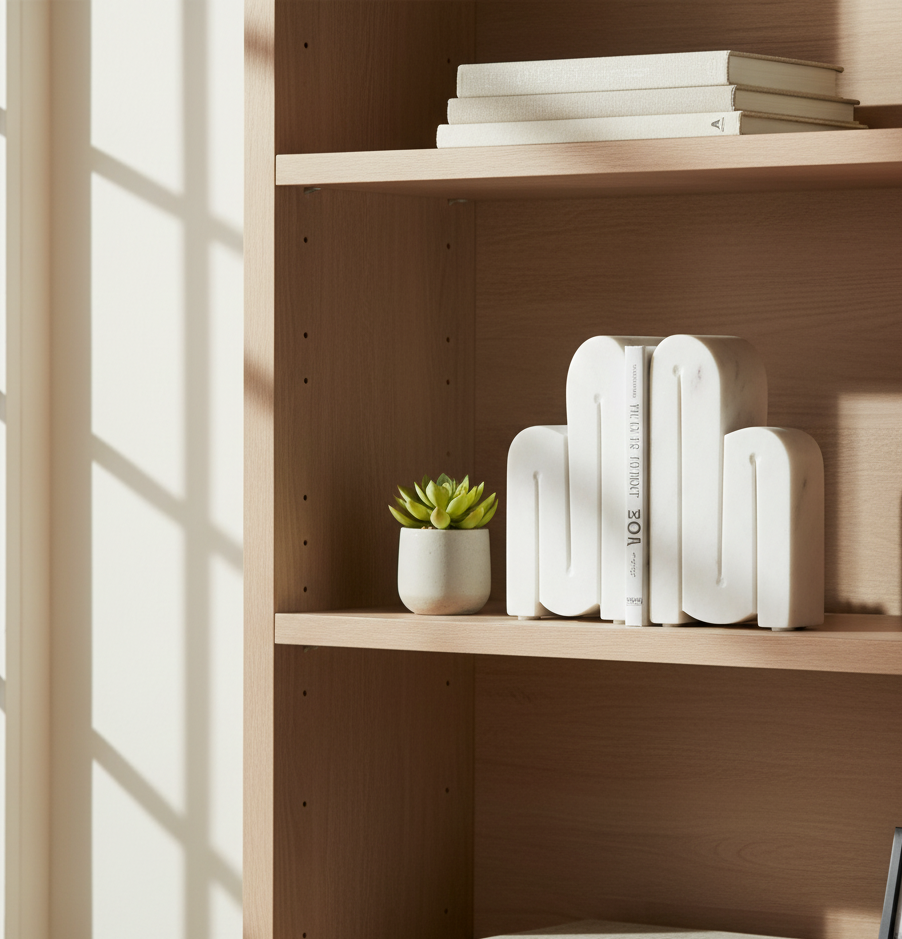 Alba White Marble Bookends Alba White Marble Bookends. White marble décor. Modern bookshelf accessories. Luxury home office décor. Sculptural marble bookends. Contemporary book supports. Minimalist marble design.