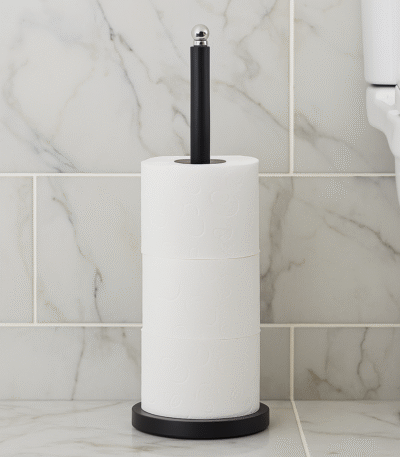 Alden Tall Toilet Roll Holder. Bathroom storage. Freestanding toilet roll holder. Black. Grey. White. Gold. Holder. Modern bathroom accessory. Sturdy iron design. Stainless steel top. Ergonomic height. Contemporary bathroom décor.