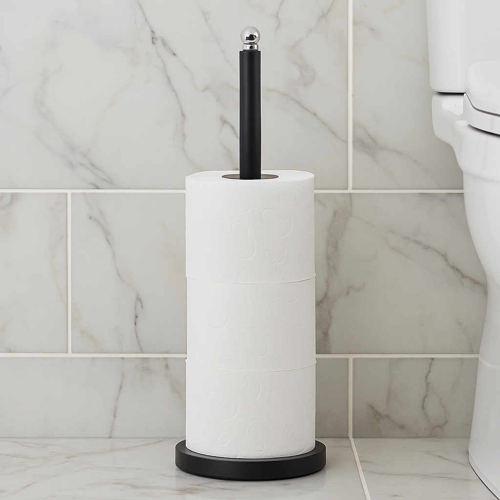 Alden Tall Toilet Roll Holder. Bathroom storage. Freestanding toilet roll holder. Black. Grey. White. Gold. Holder. Modern bathroom accessory. Sturdy iron design. Stainless steel top. Ergonomic height. Contemporary bathroom décor.