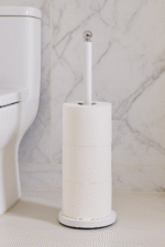 Alden Tall Toilet Roll Holder. Bathroom storage. Freestanding toilet roll holder. Black. Grey. White. Gold. Holder. Modern bathroom accessory. Sturdy iron design. Stainless steel top. Ergonomic height. Contemporary bathroom décor.