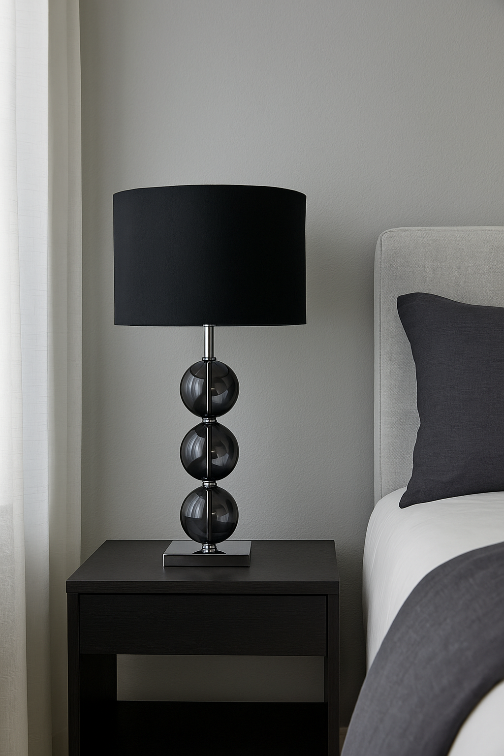 Alora Black Orb Table Lamp Alora Orb Table Lamp. Chrome table lamp. Glass orb lamp. Cream orb lamp. Black orb lamp. Modern bedside lighting. Elegant home décor. Contemporary table lamp. Reflective base lamp.