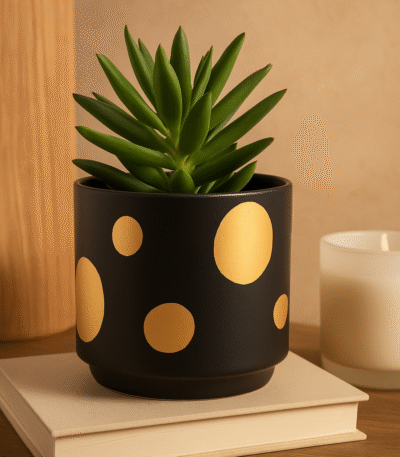 Arla Black & Gold Spotted Plant Pot. Black and gold ceramic plant pot. Handcrafted plant pot. Small and medium plant pot. Modern home décor. Luxe ceramic plant pot. Minimalist decorative plant pot. Artistic black ceramic pot. Contemporary gold accent plant pot.