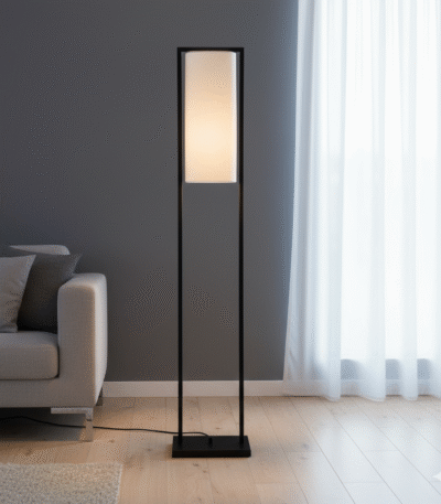 Arvis Iron Frame Floor Lamp. Modern floor lamp. Black iron frame lamp. White linen shade lighting. Minimalist home lighting. Contemporary floor lamp. Living room lighting. Bedroom floor light. Scandinavian lighting. Industrial modern décor. Sleek black lamp. Designer standing lamp. Ambient lighting solution. Boutique home décor.