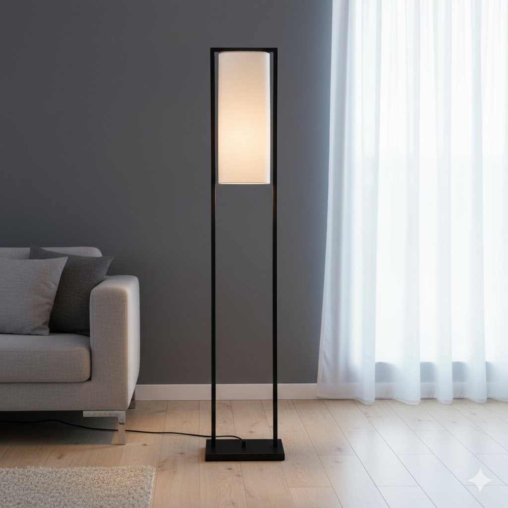 Arvis Iron Frame Floor Lamp Arvis Iron Frame Floor Lamp. Modern floor lamp. Black iron frame lamp. White linen shade lighting. Minimalist home lighting. Contemporary floor lamp. Living room lighting. Bedroom floor light. Scandinavian lighting. Industrial modern décor. Sleek black lamp. Designer standing lamp. Ambient lighting solution. Boutique home décor.