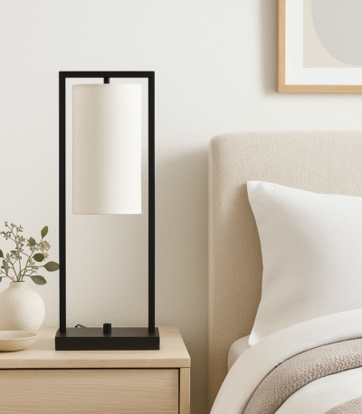 Arvis Iron Frame Table Lamp. Modern table lamp. Black iron lamp. White linen shade lamp. Minimalist lighting. Contemporary home décor. Bedroom table lamp. Living room lighting. Office desk lamp. Modern industrial style lamp. Sleek black metal lamp. Ambient light feature. Designer lamp. Elegant minimalist lighting.