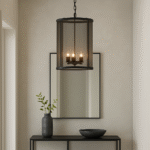 Atelier Round Pendant Light. Black and gold ceiling light. Industrial pendant lighting. Round metal chandelier. Textured iron light fixture. Modern ambient lighting. Statement pendant light.