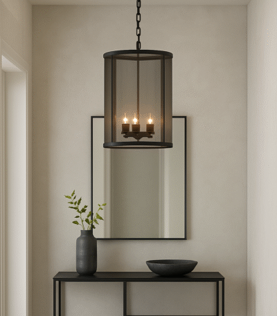 Atelier Round Pendant Light. Black and gold ceiling light. Industrial pendant lighting. Round metal chandelier. Textured iron light fixture. Modern ambient lighting. Statement pendant light.