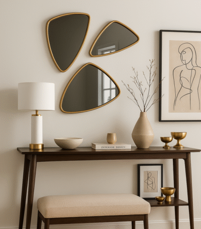 Auro Triangular Wall Mirror. Gold wall mirror. Triangular mirror. Geometric wall décor. Modern gold mirror. Rounded corner mirror. Statement wall accessory. Elegant home décor. Contemporary wall mirror.
