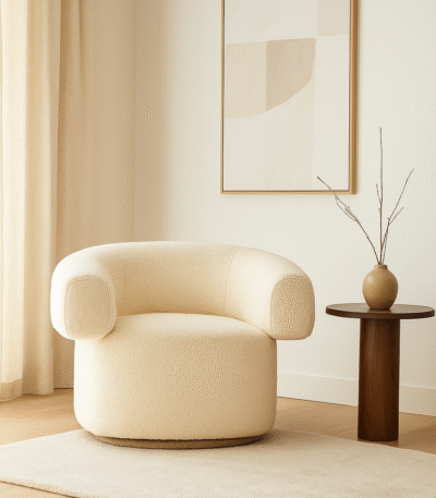 Axis Boucle Revolving Armchair. Swivel boucle chair. Cream boucle armchair. Black boucle armchair. Modern revolving chair. Curved back swivel seat. Contemporary boucle furniture. 360-degree swivel armchair. Luxury modern chair. Cosy boucle upholstery. Comfortable living room chair. Designer swivel seat. Textured boucle fabric chair. Elegant modern furniture. Black and cream boucle chair. Soft curved armchair. Functional office chair. Minimalist boucle design. Stylish lounge chair. Contemporary home seating.