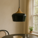 Blake Metal & Wood Pendant Light. Modern pendant light. Black metal light. Wood top pendant. Industrial lighting. Scandinavian pendant light. Dining room light. Kitchen island pendant. Warm modern décor.