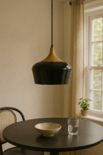 Blake Metal & Wood Pendant Light. Modern pendant light. Black metal light. Wood top pendant. Industrial lighting. Scandinavian pendant light. Dining room light. Kitchen island pendant. Warm modern décor.