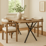 Cadren Dining Table. Modern dining table. Brown veneer tabletop. X-shaped metal base. Family dining furniture. Industrial style dining table. Contemporary wood table. Durable dining furniture.