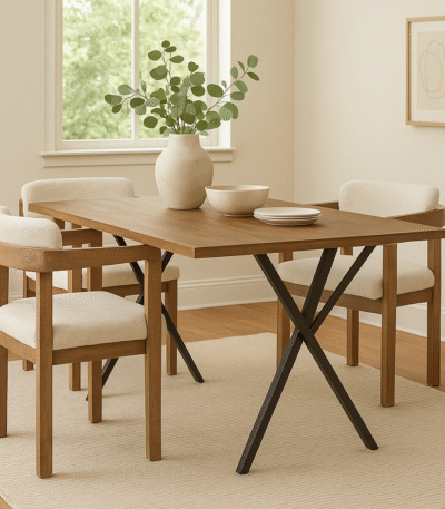 Cadren Dining Table. Modern dining table. Brown veneer tabletop. X-shaped metal base. Family dining furniture. Industrial style dining table. Contemporary wood table. Durable dining furniture.