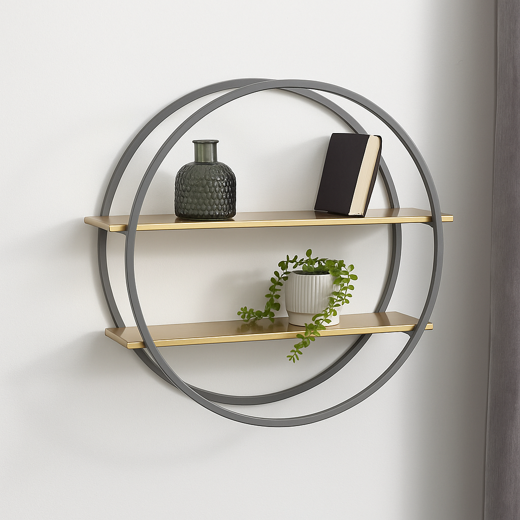 Carlotta Two Tier Wall Shelf Carlotta Two Tier Wall Shelf. Gold wall shelf. Grey round wall shelf. Modern wall shelving. Geometric wall shelf. Metal wall shelf. Two tier shelf. Contemporary wall decor. Stylish storage shelf. Industrial modern shelf. Matte gold shelves. Circular wall shelf. Decorative shelving.