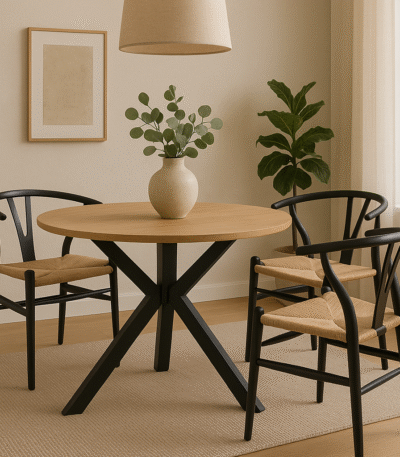 Caro Round Table with Cross Legs. Round dining table. Modern wood dining table. Wood veneer tabletop. Black metal base. Contemporary dining furniture. Compact round table.