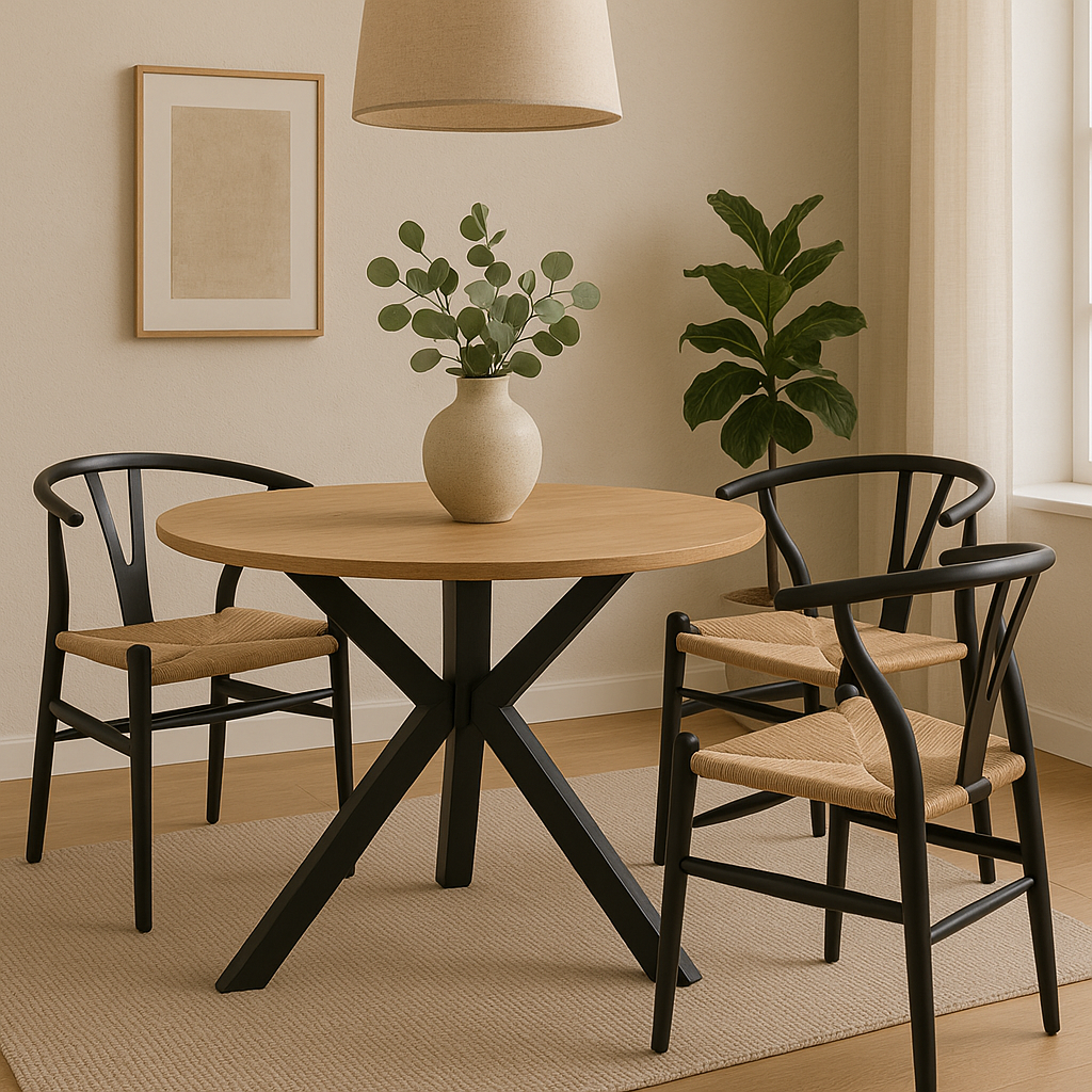 Caro Round Table with Cross Legs Caro Round Table with Cross Legs. Round dining table. Modern wood dining table. Wood veneer tabletop. Black metal base. Contemporary dining furniture. Compact round table.