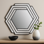 Cero Hexagonal Wall Mirror. Black metal mirror. Hexagonal wall mirror. Geometric wall décor. Modern accent mirror. Industrial home décor. Textured frame mirror. Contemporary mirror design. Bold statement piece.