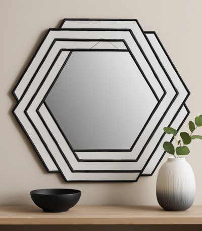 Cero Hexagonal Wall Mirror. Black metal mirror. Hexagonal wall mirror. Geometric wall décor. Modern accent mirror. Industrial home décor. Textured frame mirror. Contemporary mirror design. Bold statement piece.