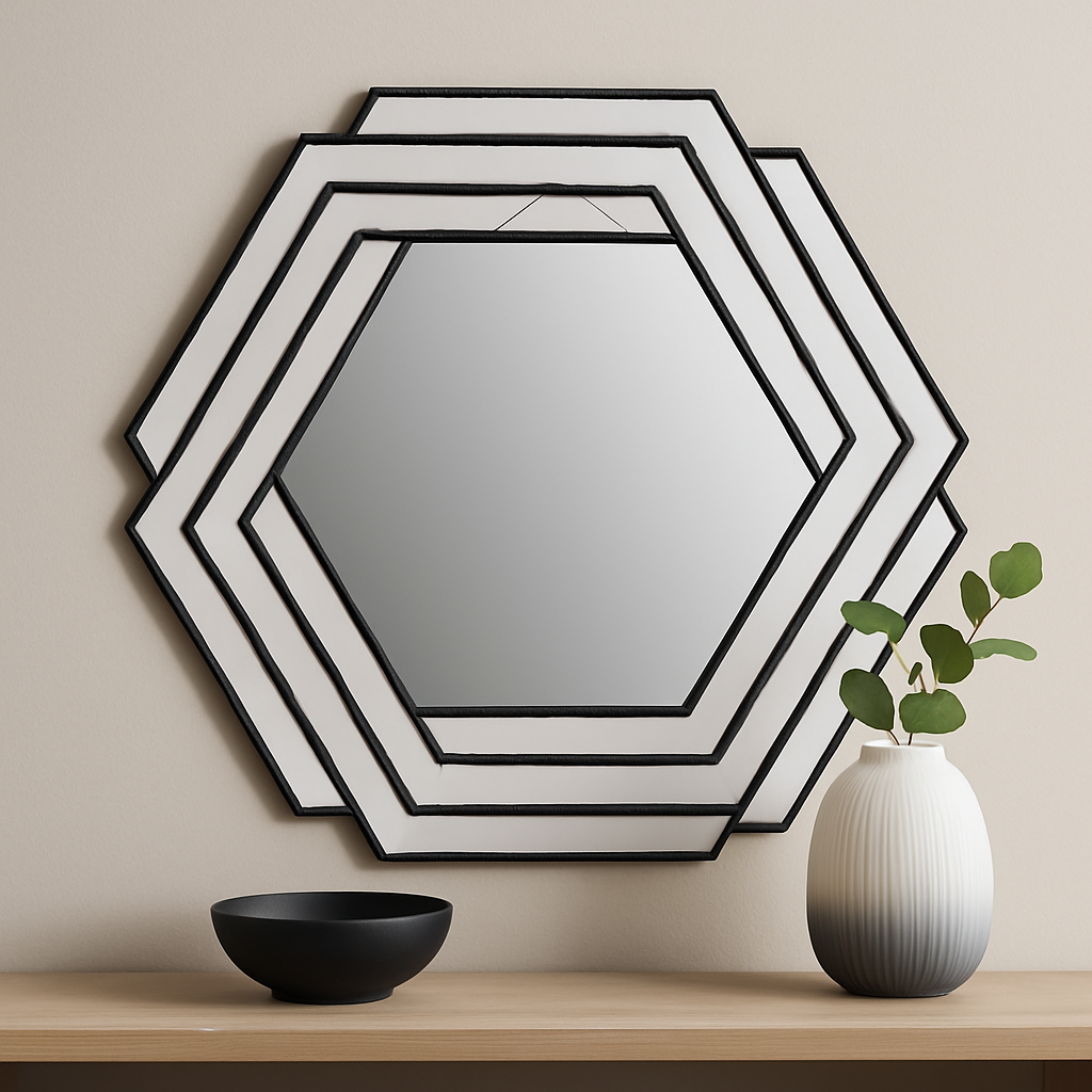 Cero Hexagonal Wall Mirror Cero Hexagonal Wall Mirror. Black metal mirror. Hexagonal wall mirror. Geometric wall décor. Modern accent mirror. Industrial home décor. Textured frame mirror. Contemporary mirror design. Bold statement piece.