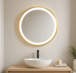 Enso Illuminated Gold Round Mirror. LED wall mirror. Gold round mirror. Modern illuminated mirror. Light-up wall mirror. Contemporary gold décor. Luxury bathroom mirror. Glam dressing mirror. Ambient light mirror.