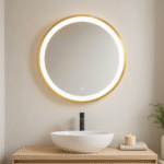 Enso Illuminated Gold Round Mirror. LED wall mirror. Gold round mirror. Modern illuminated mirror. Light-up wall mirror. Contemporary gold décor. Luxury bathroom mirror. Glam dressing mirror. Ambient light mirror.