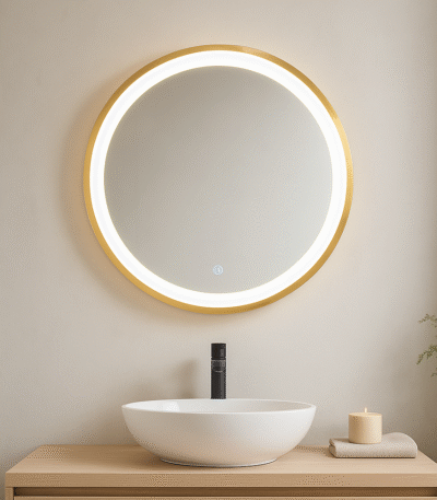 Enso Illuminated Gold Round Mirror. LED wall mirror. Gold round mirror. Modern illuminated mirror. Light-up wall mirror. Contemporary gold décor. Luxury bathroom mirror. Glam dressing mirror. Ambient light mirror.
