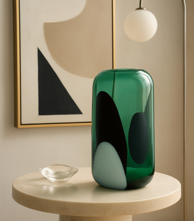 Clayra Abstract Glass Vase. Green glass vase. Abstract decorative vase. Black and white glass vase. Modern art décor. Handcrafted glass centrepiece. Small and large vase. Contemporary decorative accent. Artistic home accessory.