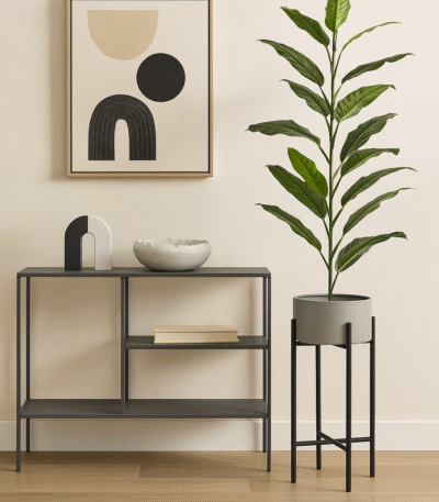 Cole Grey & Black Floor Standing Plant Pot. Grey indoor planter. Black metal plant stand. Small and large plant pot. Minimalist plant holder. Contemporary home décor. Modern floor planter.