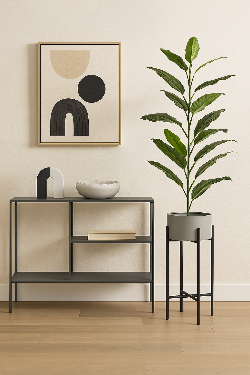 Cole Grey & Black Floor Standing Plant Pot Cole Grey & Black Floor Standing Plant Pot. Grey indoor planter. Black metal plant stand. Small and large plant pot. Minimalist plant holder. Contemporary home décor. Modern floor planter.